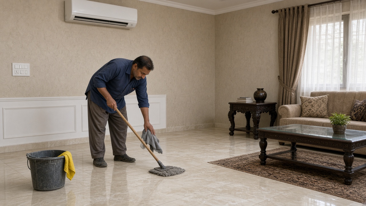 Home cleaning after renovation dust in a lounge with a split AC