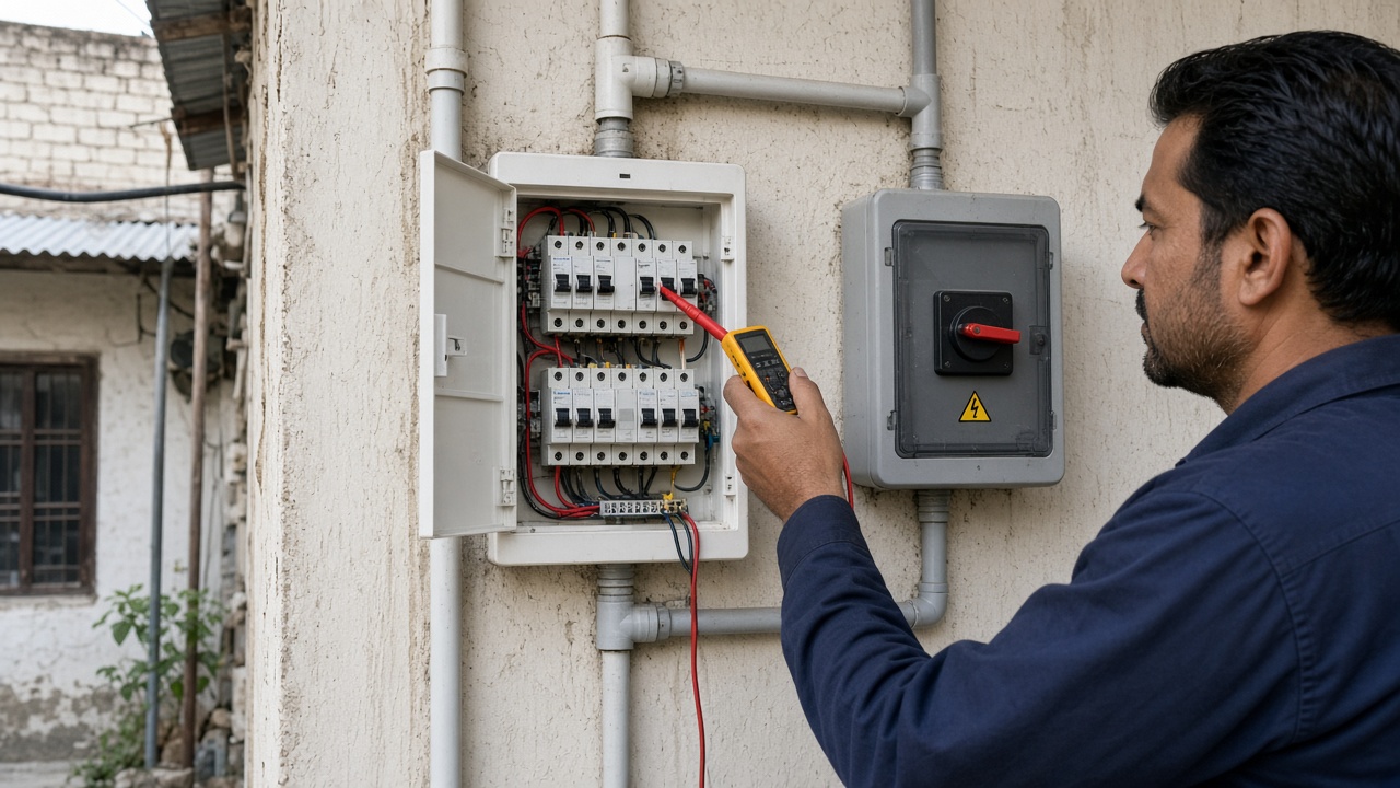 AC isolator and breaker being tested on a house wall