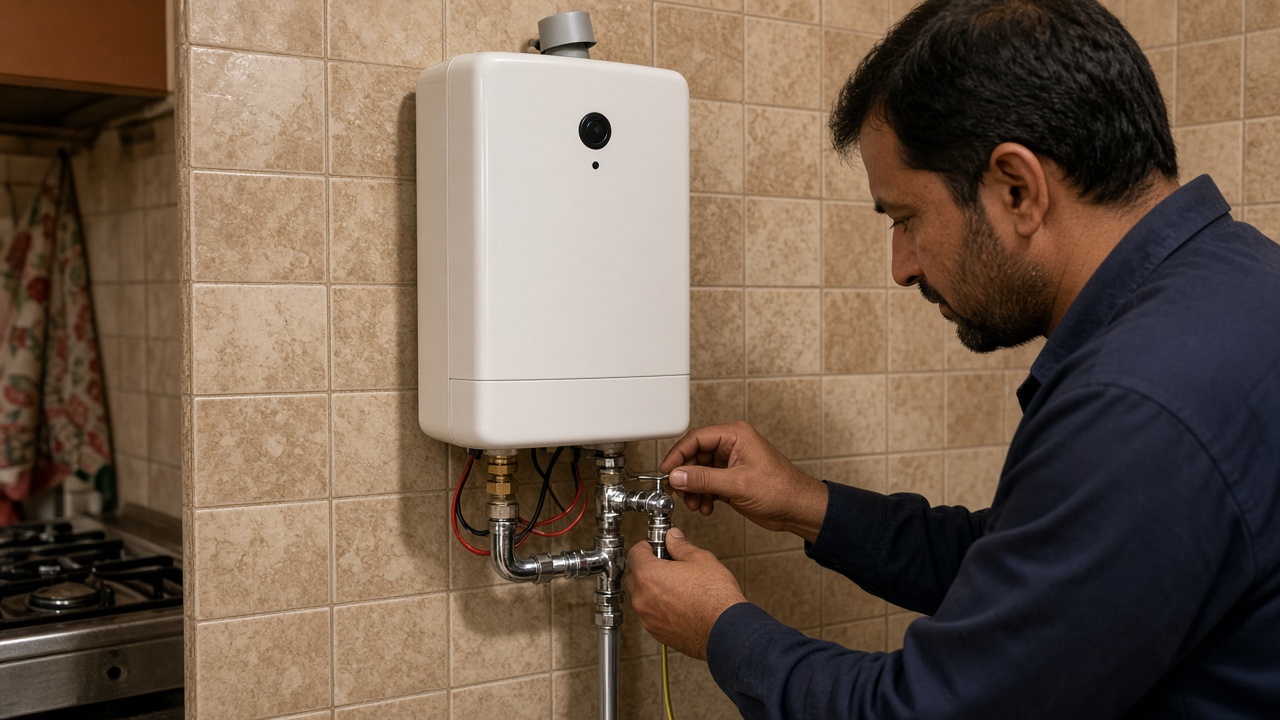 Instant water heater being checked on a kitchen wall