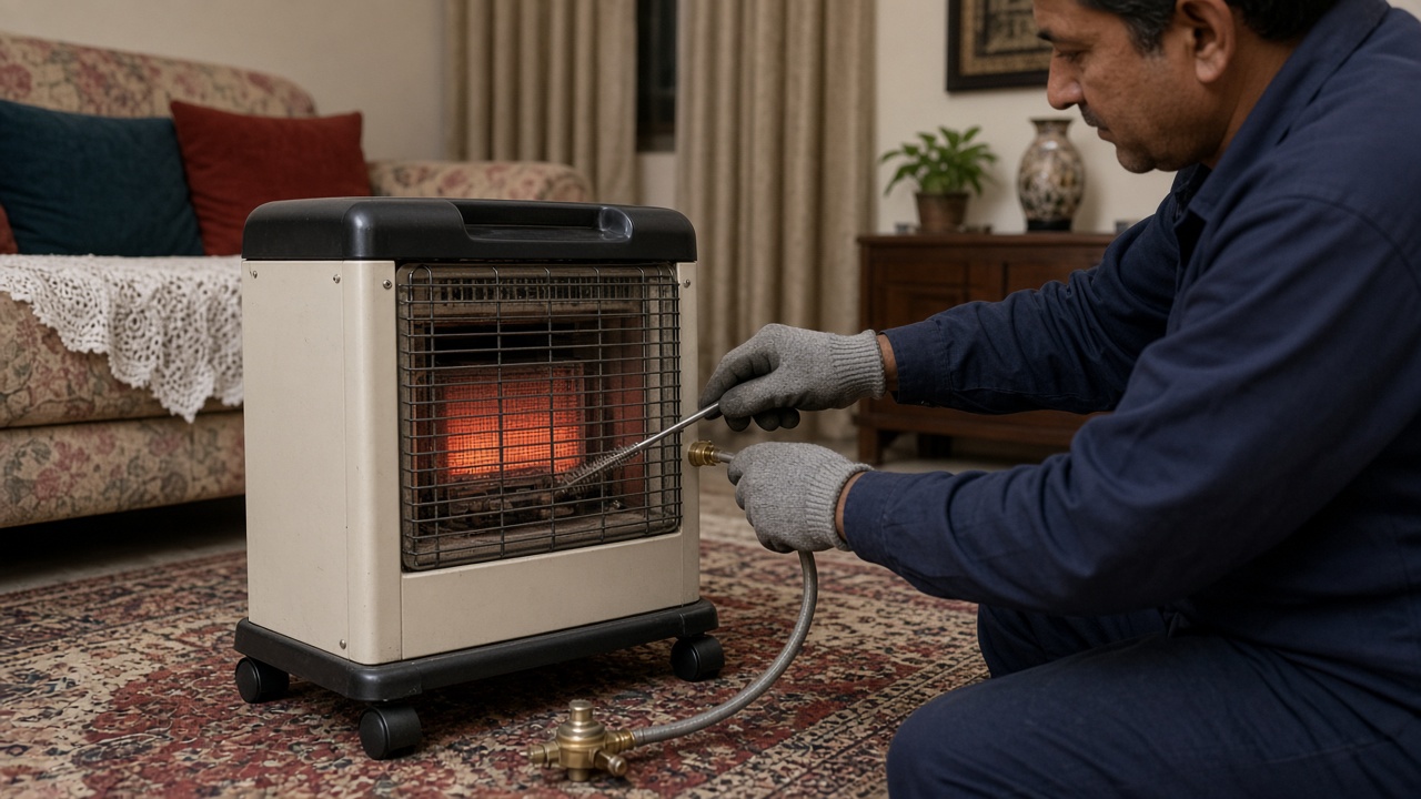 Gas room heater burner and hose being checked