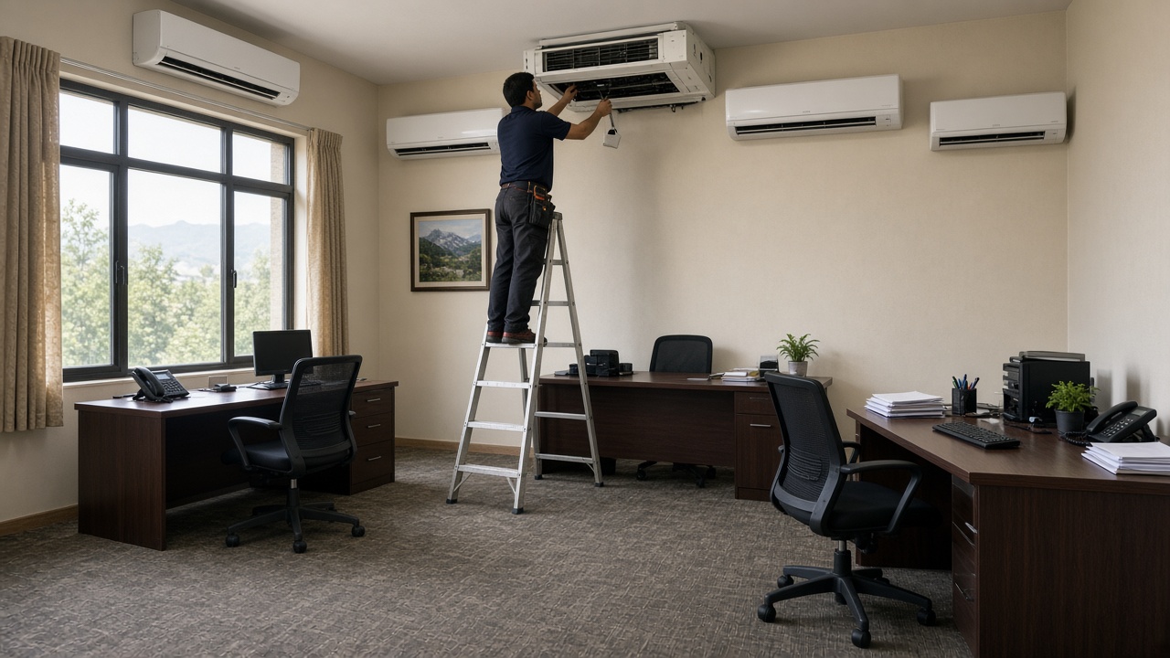 Technician servicing wall splits in a small Islamabad office