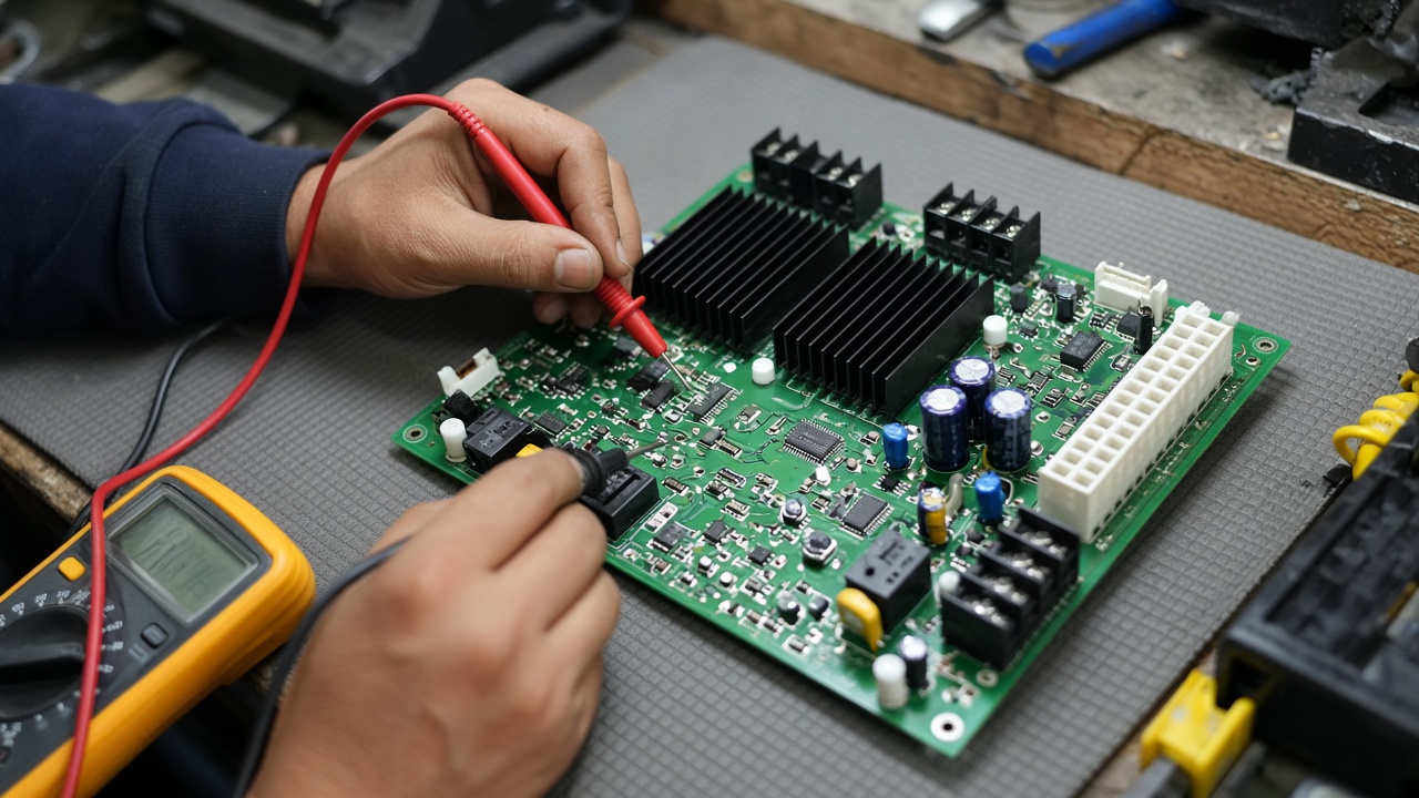 Inverter AC circuit board being tested with a meter