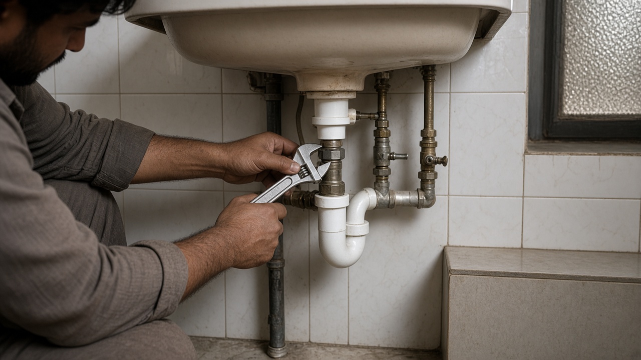 Technician tightening geyser water lines under a sink