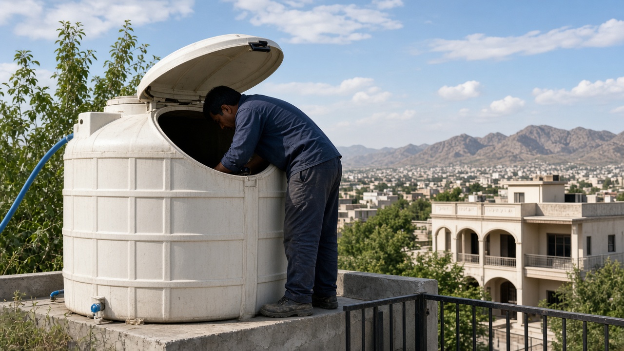 Rooftop water tank being cleaned
