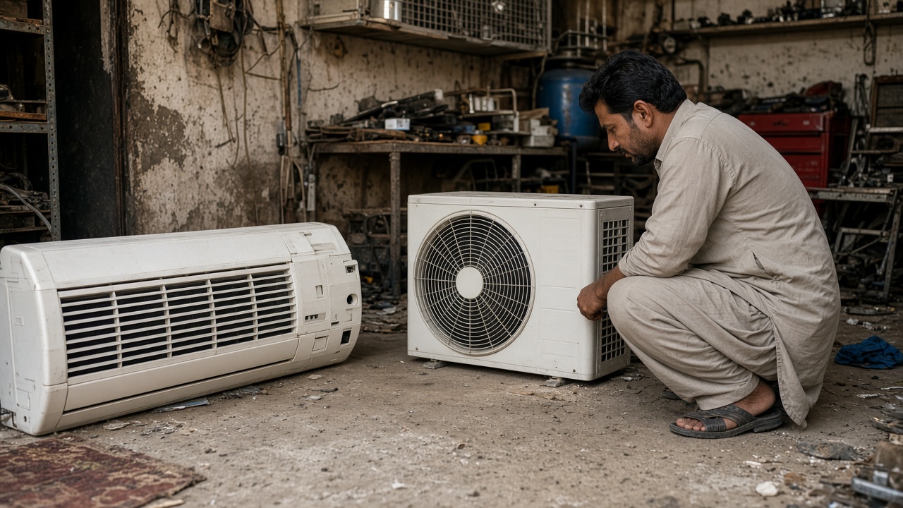 Used split indoor and outdoor units being inspected