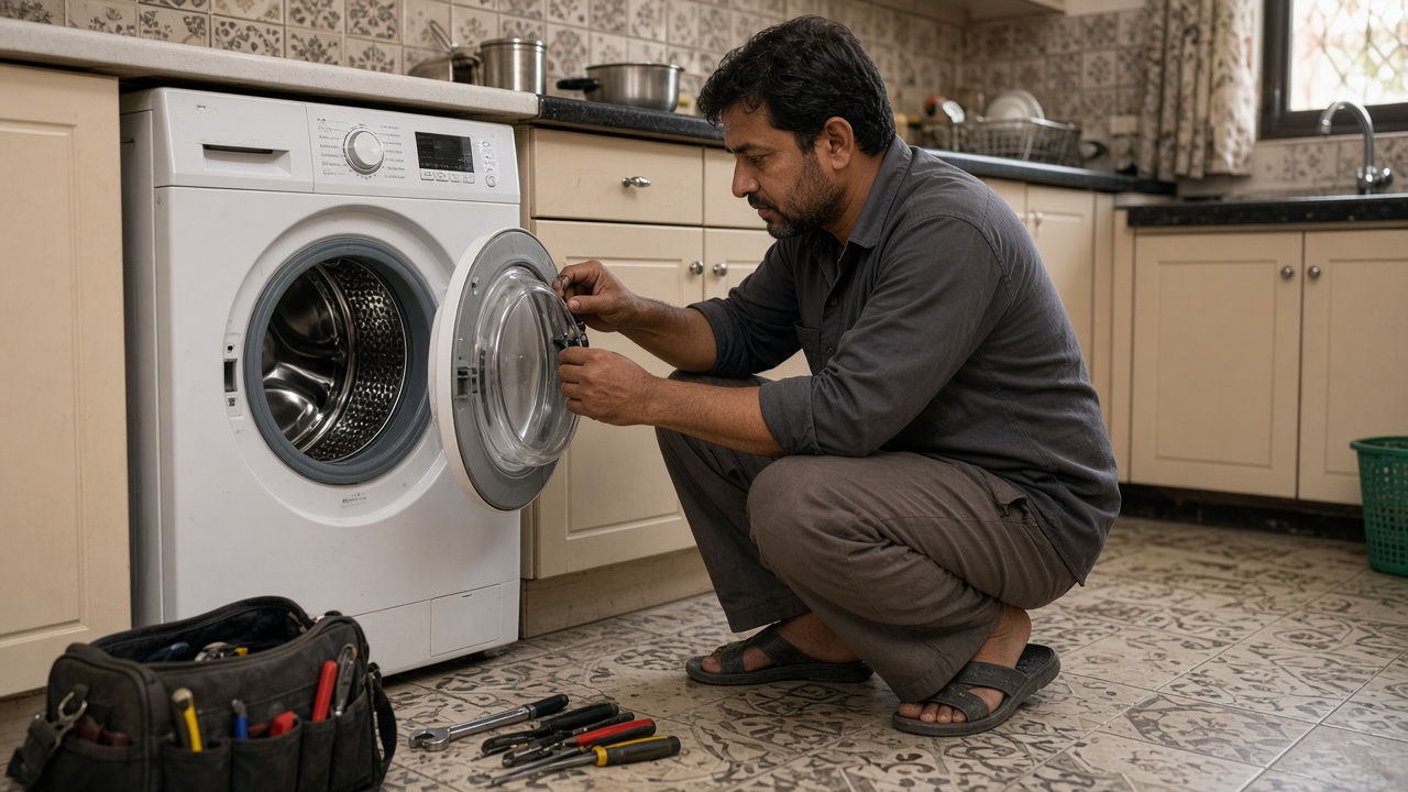 Front-load washing machine with the door open for repair