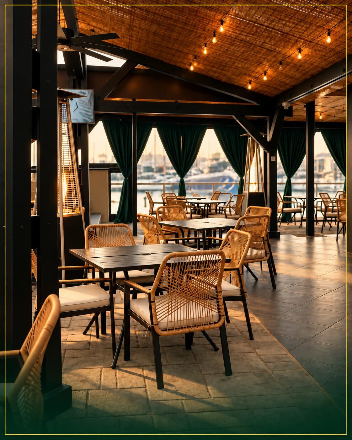 Open tables under string lights, looking out to the marina at dusk